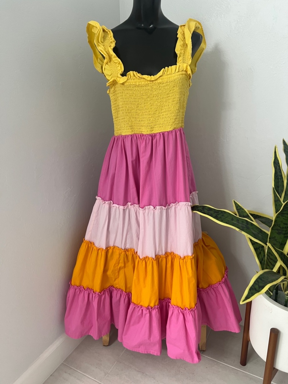 Colorblock Ruffle Strap Maxi Dress - Yellow, Pink and Orange Woman’s Large